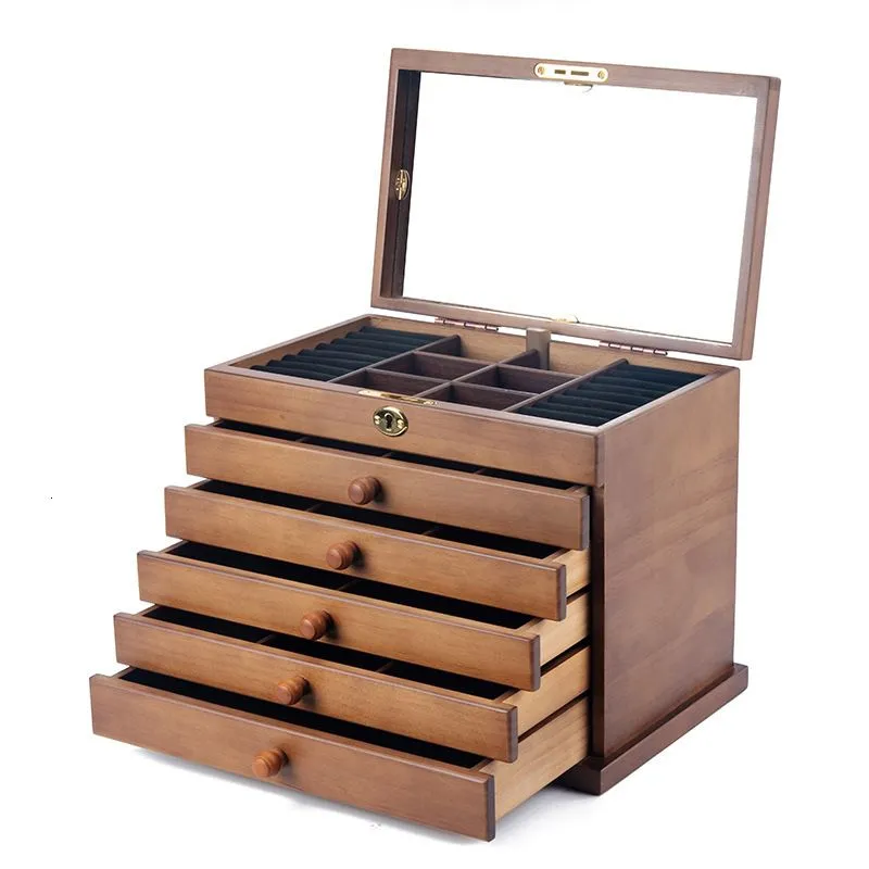 Jewelry Settings Drawer Box Organizer Storage Chinese Style Pine Wooden Large High Capacity Luxurious Solid Wood Necklace Earrings