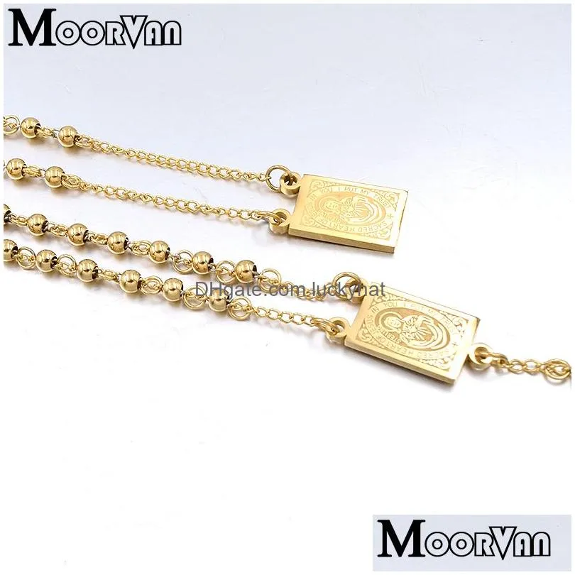 Beaded Necklaces Moorvan 4Mm 66Cm Long Gold Color Men Rosary Bead Necklace Stainless Steel Relin Of Jesus Women Jewelry 2 Colors 20121 Dhwmq