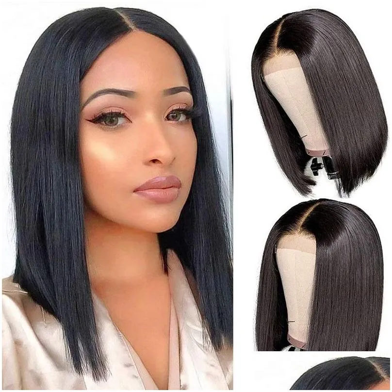 Natural Women Short Bob Lace Frontal Wigs Straight Synthetic Lace Front Wig 10% Brazilian Human Hair Wigs Pre Plucked Heat Resistant