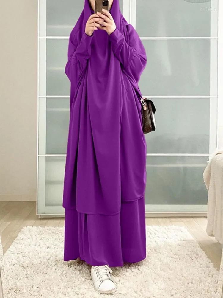 Ethnic Clothing Eid Muslim Women Long Khimar 2 Piece Set Prayer Garment Djellaba Jilbab Abaya Ramadan Gown Dubai Arab Islamic Niqab