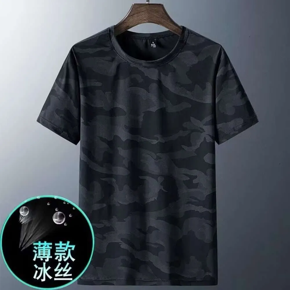 Ice Silk Cool Camo Short Sleeved T-shirt for Men's Summer Thin Round Neck Korean Edition Trendy Breathable Morning Running Sports Quick Drying Clothes