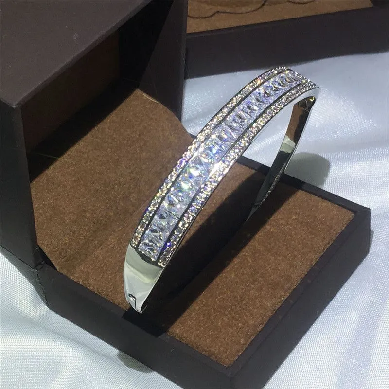 Rulalei Sparkling Hot Sale Jewelry Sterling Sier Full Princess White Topaz CZ Diamond Gemstones Women Bracelet Bridal Bangle