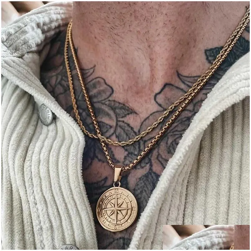 Gold Color Mens Compass Necklaces,Vintage  North Star Anchor Medal,14k Yellow Gold Pendant for Male Dad Boyfriend Gift