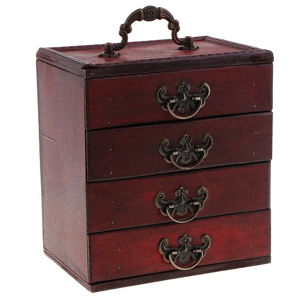 Jewelry Settings Antique 4 Layers Storage Case Box Treasure Chest Wooden Art Crafts 230407