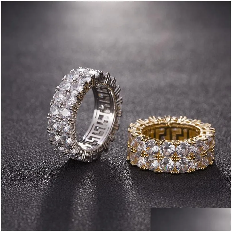 7-12 Gold Love Rings Micro Paved 2 Row Tennis Rings Zircon Hip Hop Silver Plated Finger Ring for Men Women