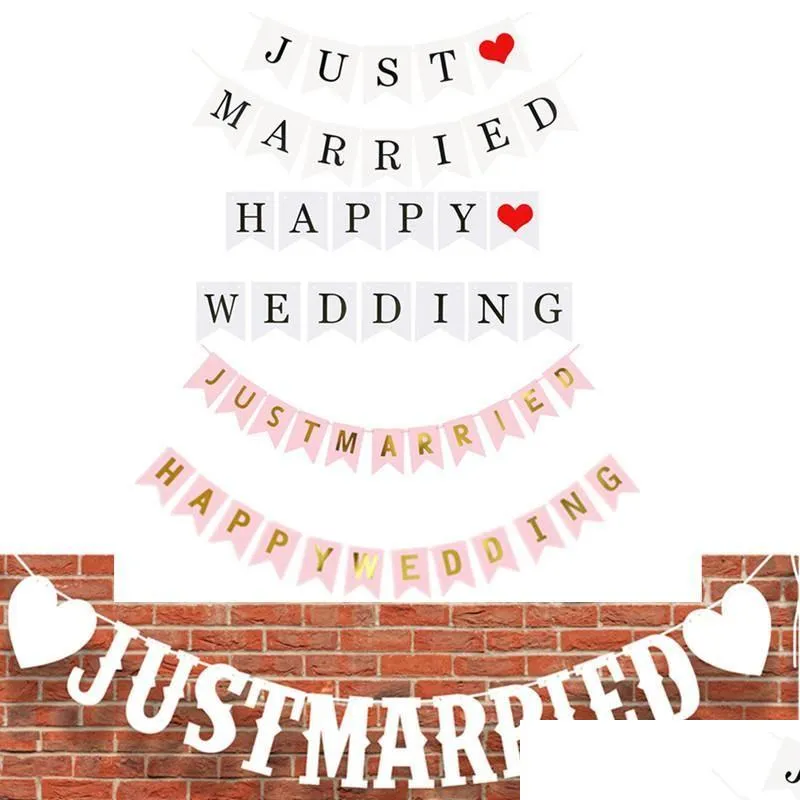 Just Married Banner Happy Wedding String Flags I Love You Hanging Bunting