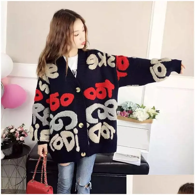 Women`S Sweaters Women Cardigan Letter Pattern Knitted Sweater Korean Street Style Loose Ladies Jacket Spring And Autumn Drop Deliver Dhyjq