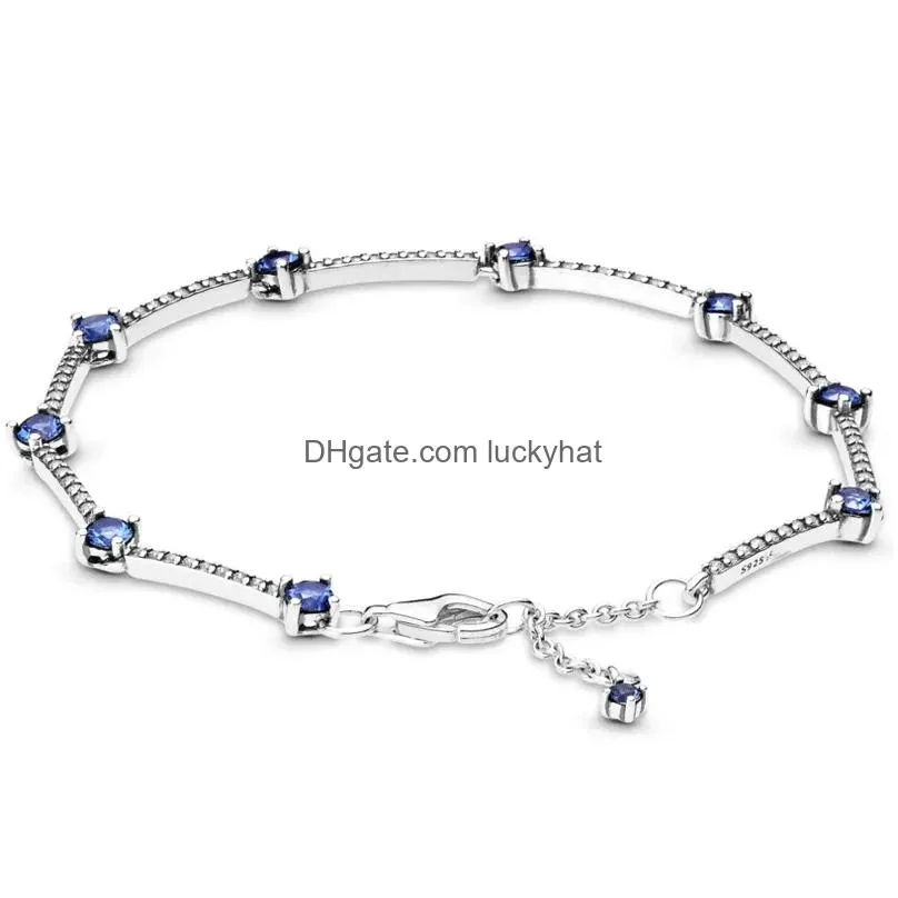 Bangles 100% 925 Sterling Sier Sparkling Blue Clear Pave Bar With Crystal Bracelet Fit Europe Bead Charm Diy Jewelry Drop Delivery Dhbxp