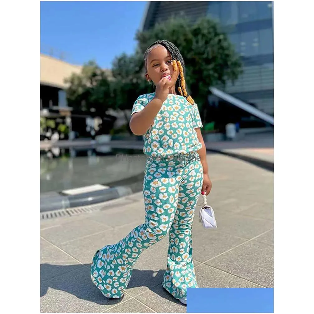 Clothing Sets 2023 Girls Tracksuit Two Piece Pants Set Daisy Topsaddflare Leggings Suit Floral Print Boutique Kids Clothes Y2K Trouser Dh4De