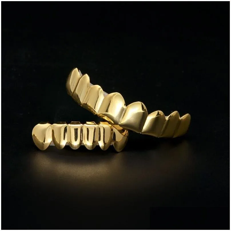 Mens Gold Grillz Teeth Set Fashion Hip Hop Jewelry High Quality Eight 8 Top Tooth & Six 6 Bottom Grills