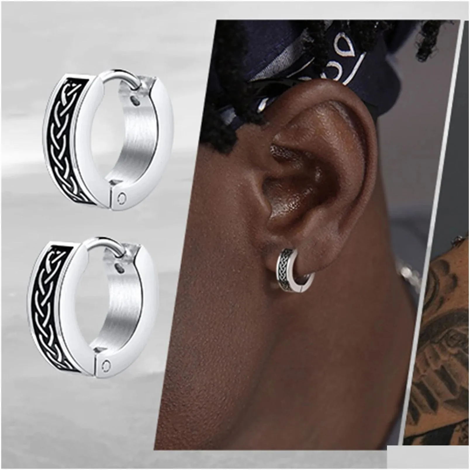 Hoop & Huggie Punk Rock Celtic Knot Earrings For Men Waterproof 14K White Gold Hie Ear Gifts Him Jewelry Brincos Mascinos Drop Delive Dhgja