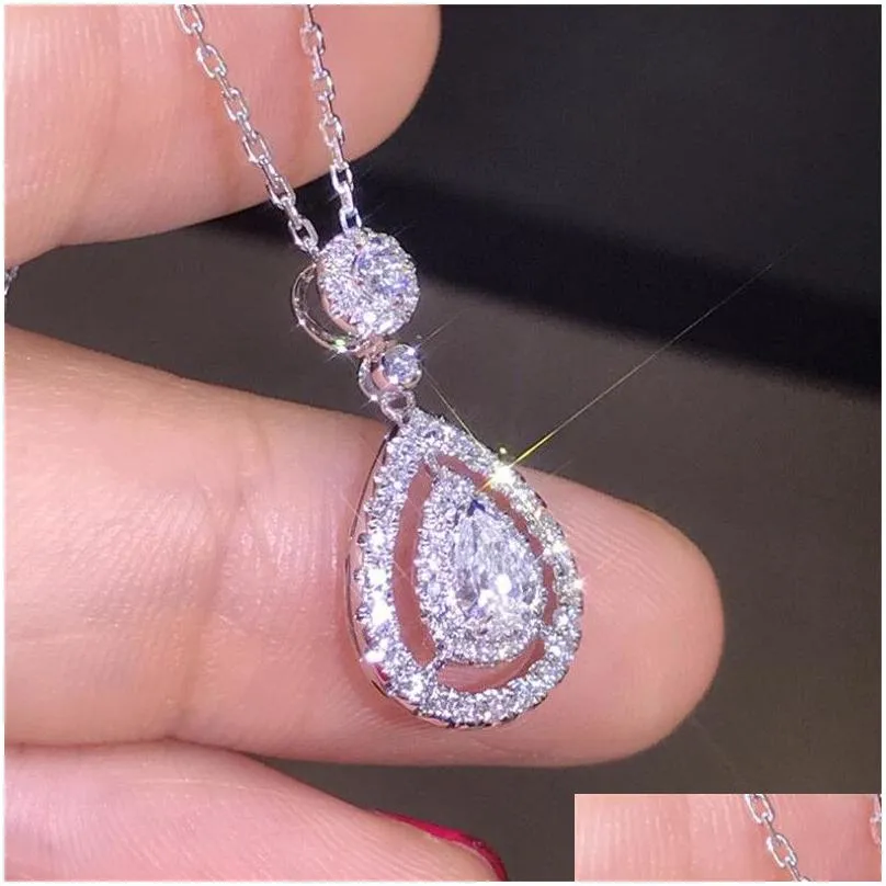 New Victoria Sparkling Luxury Jewelry 925 Sterling Silver&Rose Gold Fill Drop Water White Topaz Pear CZ Diamond Women Pendant Chain