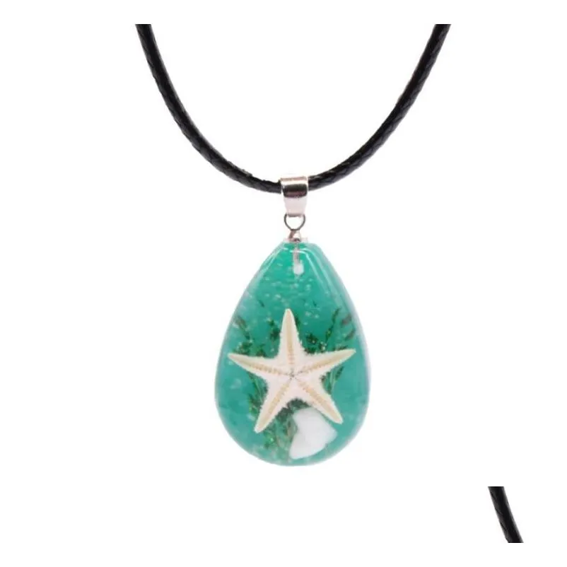 Natural Starfish Shell Amber Pendant Necklace Jewelry Glow in the Dark Long Chain Necklace Hawaii Travel Beach Gift Resin