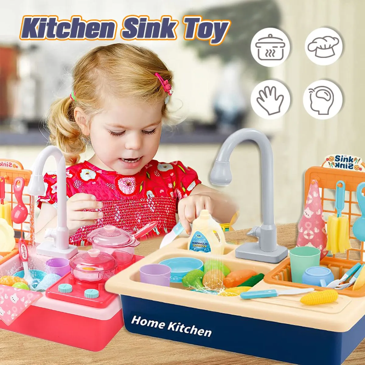 Kitchens Play Food Kids Pretend Kitchen Sink Toys With Cooking Stove Pot Pan Cutting Utensils Tableware Accessories Girls 230925
