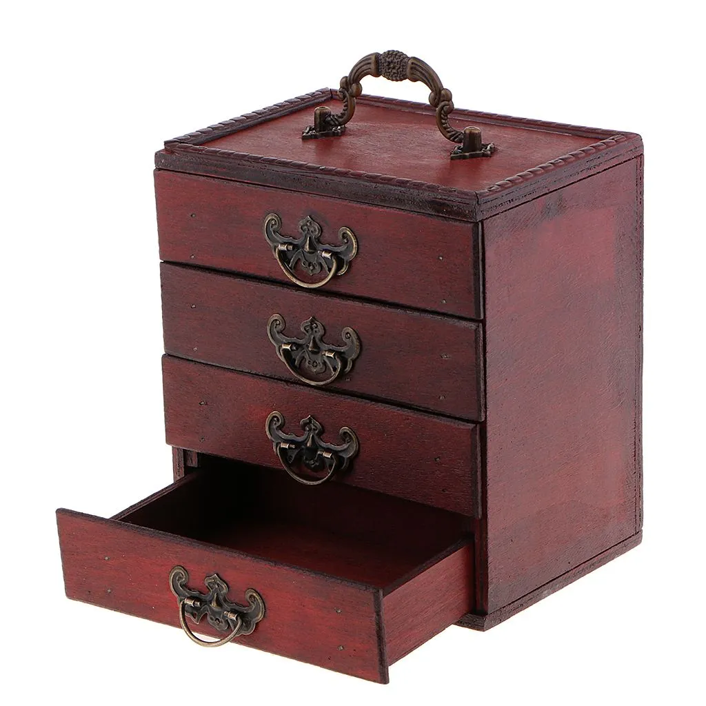 Jewelry Settings Antique 4 Layers Storage Case Box Treasure Chest Wooden Art Crafts 230407