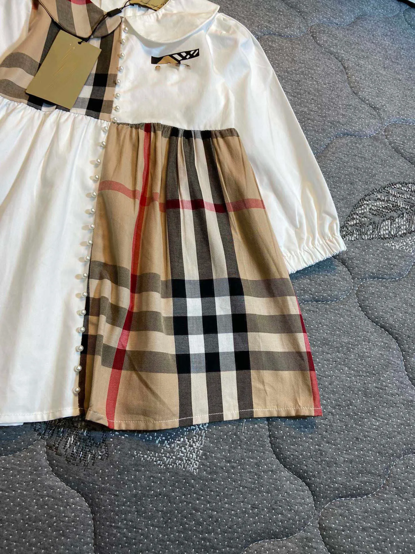 designer Dress for girl fashion baby clothes Khaki Splicing design Kids frock Size 90-140 CM Long sleeved lapel Child skirt Sep25