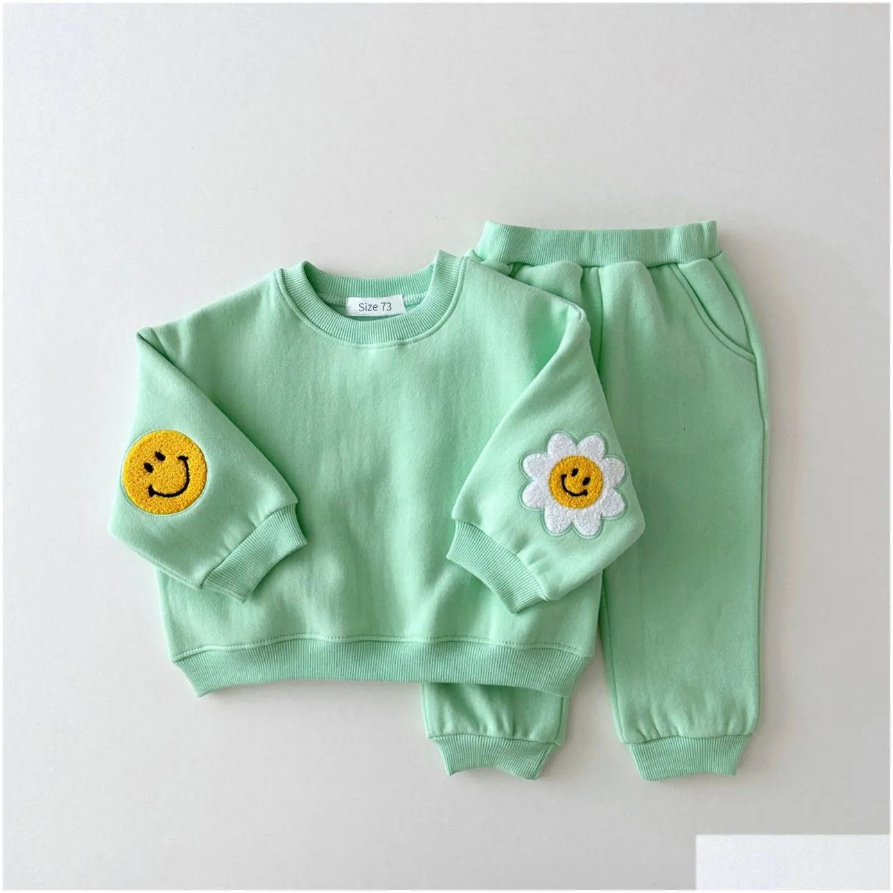 Clothing Sets Winter Warm Baby Girl Boy Clothes Set Embroidery Thicken Fleece Sweatshirt Pant Baby Boy Tracksuit Toddler Girl Clothes Korea