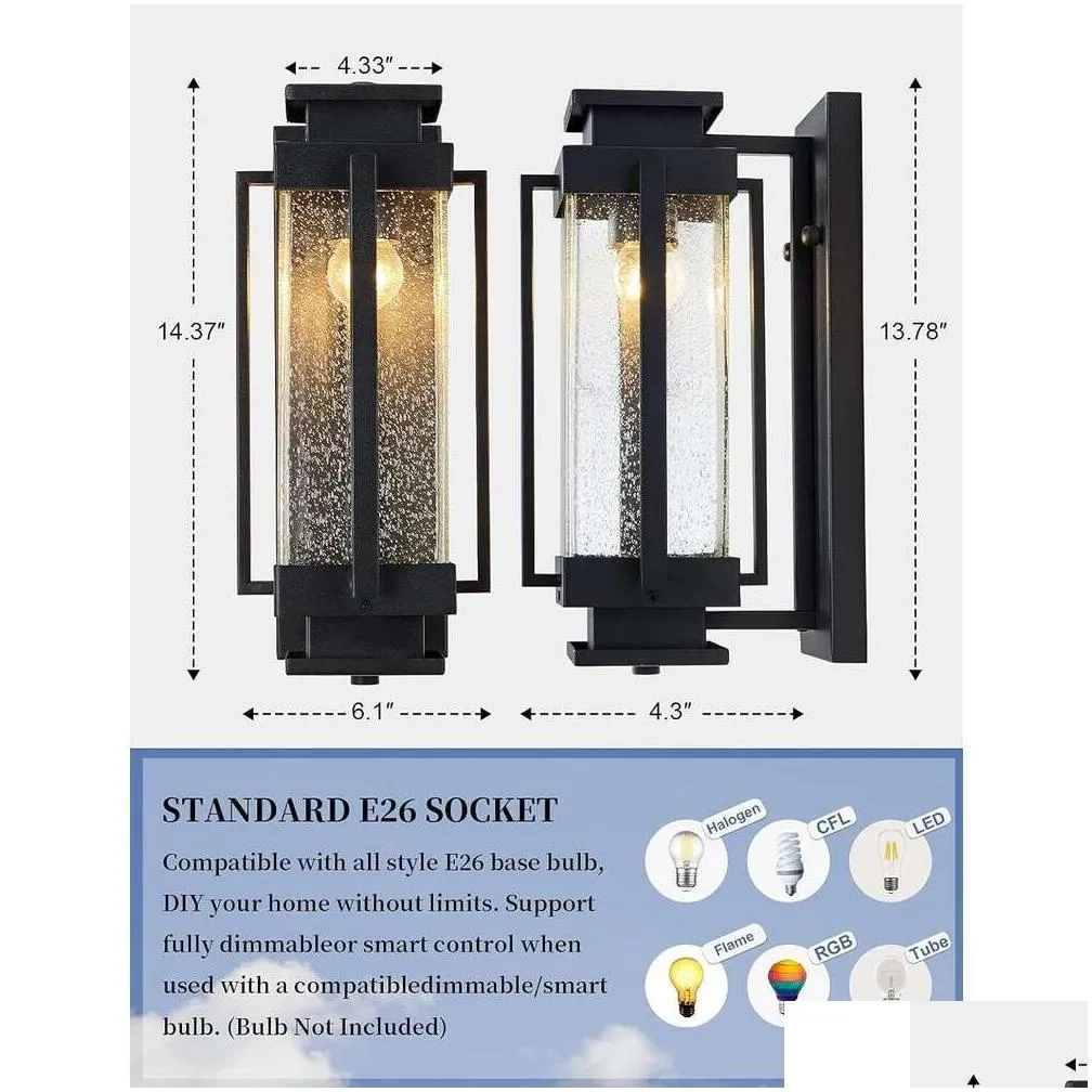 Solar Wall Lights Large Dusk To Dawn Outdoor Lanterns With Seeded Glass - Ip65 Waterproof Exterior Porch For House Garage Front Moun Dht8I