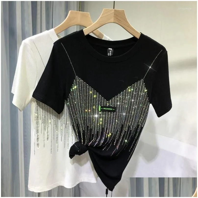 Summer Diamond Short Sleeve T Shirt For Women 4XL Plus Size Chic Casual Solid Color O Neck T-shirt Ladies Streetwear Tees Top