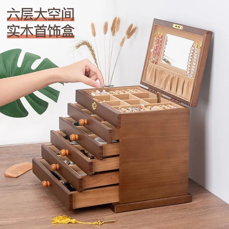 Jewelry Settings Drawer Box Organizer Storage Chinese Style Pine Wooden Large High Capacity Luxurious Solid Wood Necklace Earrings