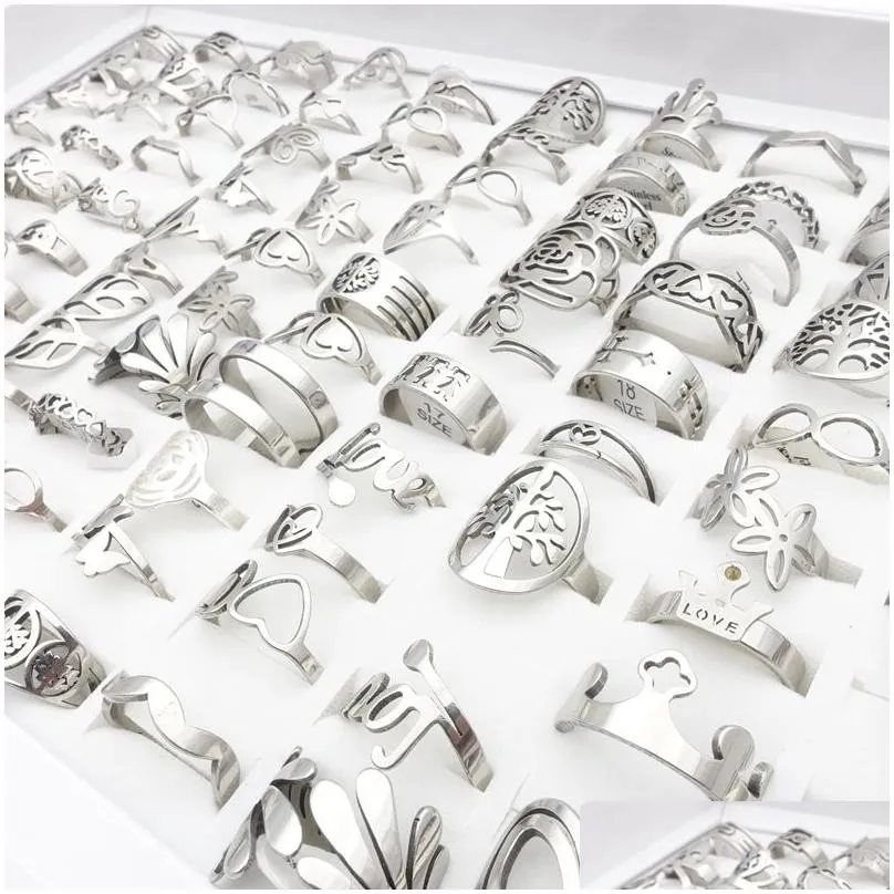 Wholesale 100pcs/Lot Mens Womens Stainless Steel Band Rings Silver Laser Cut Patterns Hollow Carved Flowers Mix Styles Fashion Jewelry Party