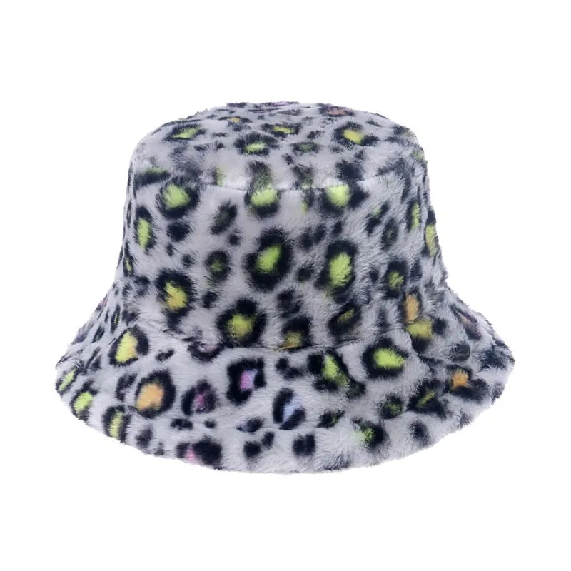 Ethnic Clothing Imitation Fur Bucket Hat Unisex Winter Panama Small Colored Leopard Print WarmBasin Lady