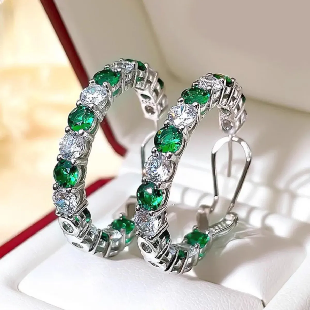 Charm Lab Emerald Diamond Hoop Earring 925 sterling silver Party Wedding Earrings for Women Bridal Engagement Jewelry