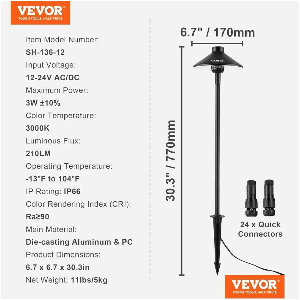 Solar Wall Lights Vevor 12 Pack Low Voltage Landscape - 3W 210Lm 12V/24V Ac/Dc Outdoor Led Way Lighting 3000K Warm White Walkway Qui Dh2Ve