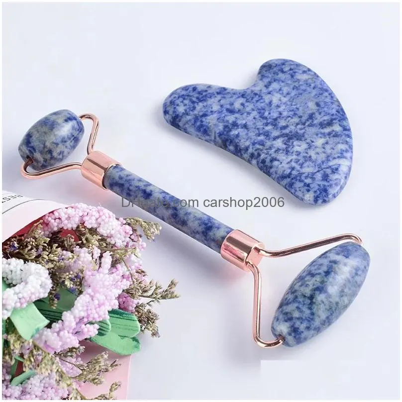 natural sodalite face roller massager crystal skin care stone gua sha tool set massage anti-cellulite scraper facial protection