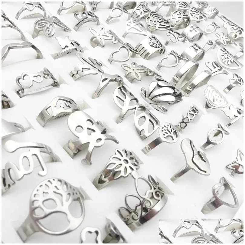 Wholesale 100pcs/Lot Mens Womens Stainless Steel Band Rings Silver Laser Cut Patterns Hollow Carved Flowers Mix Styles Fashion Jewelry Party