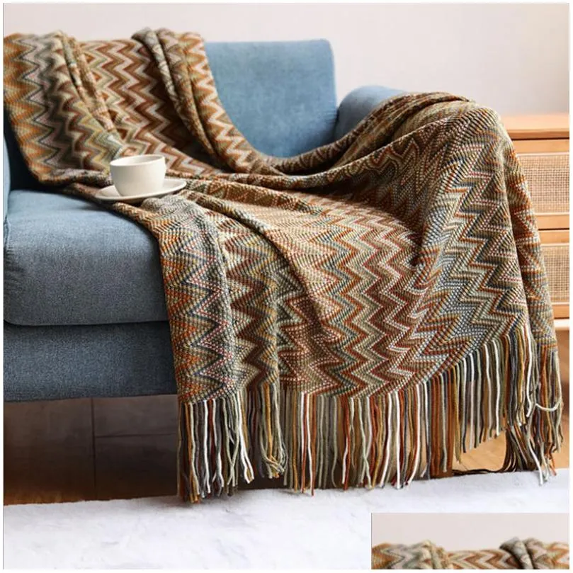 Blanket Light Knit Stripe Super Soft Bohemia For Bed Throw With Tassel Plush Warm Home Decorative 221109