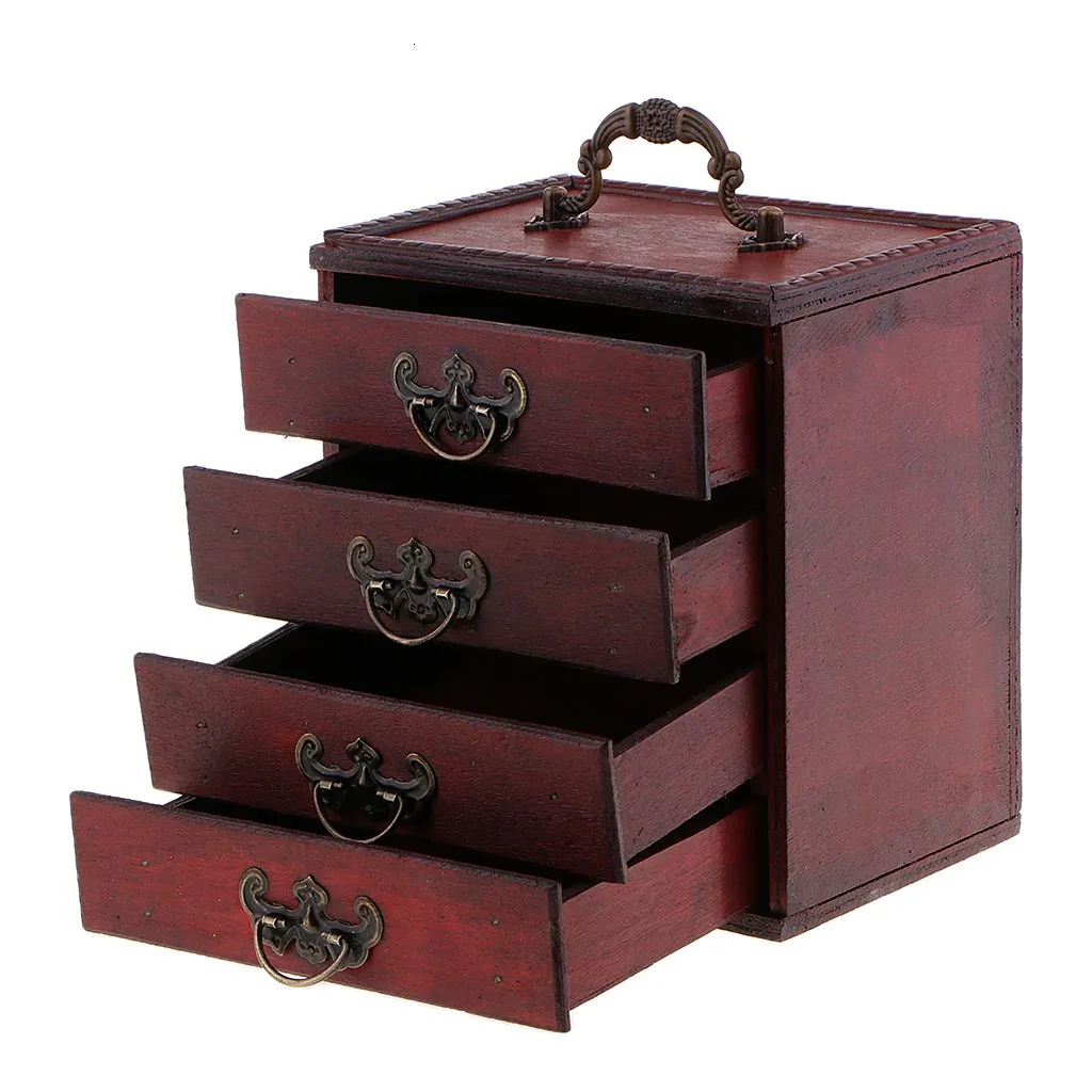 Jewelry Settings Antique 4 Layers Storage Case Box Treasure Chest Wooden Art Crafts 230407