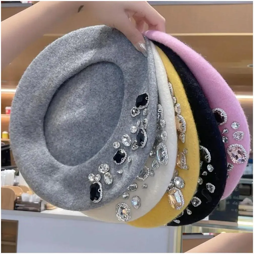 Stingy Brim Hats Drop French Beret Thick Rhinestone Decor Brimless Thermal Wool Artist Style Painter Hat Women Headwear 240419 Deliver Dhvbt