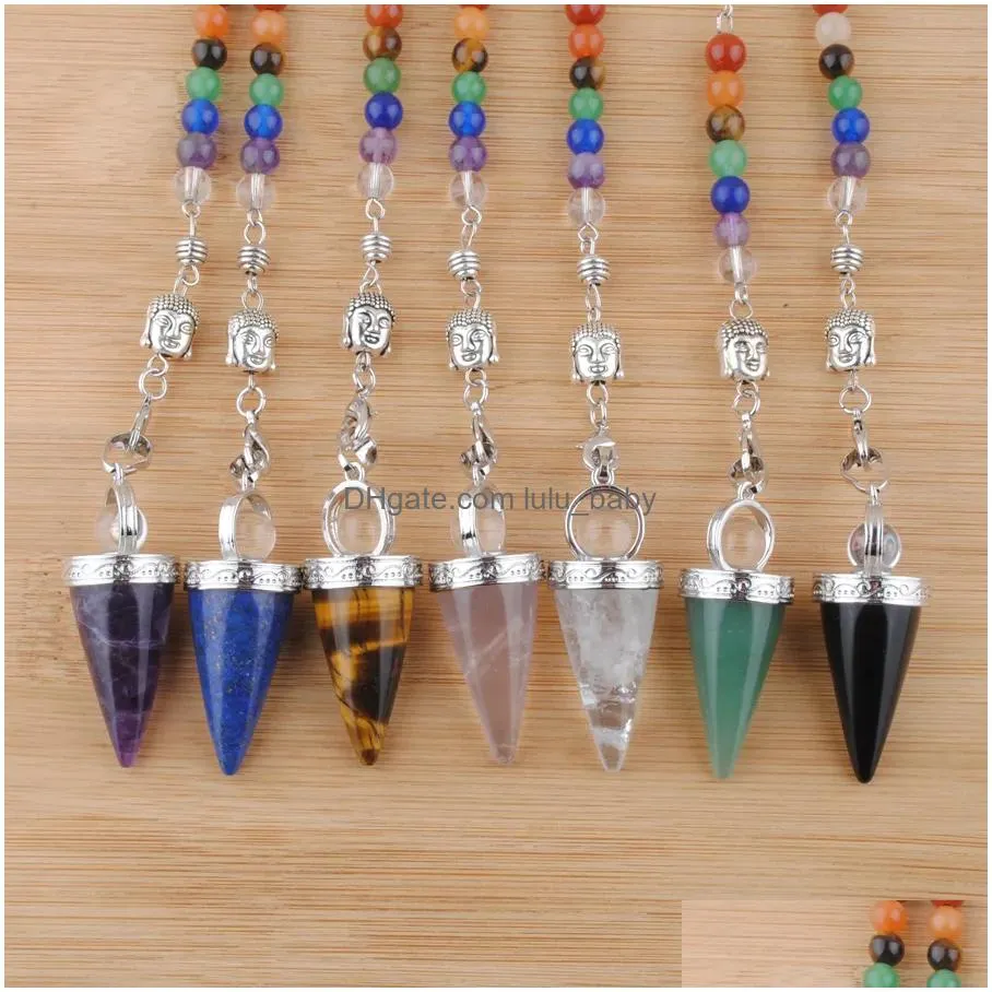 natural stone cone pendants pendulums crystal 3d buddha 7 chakras chain reiki pendulum for dowsing pendule radiestesia pendulo bn452