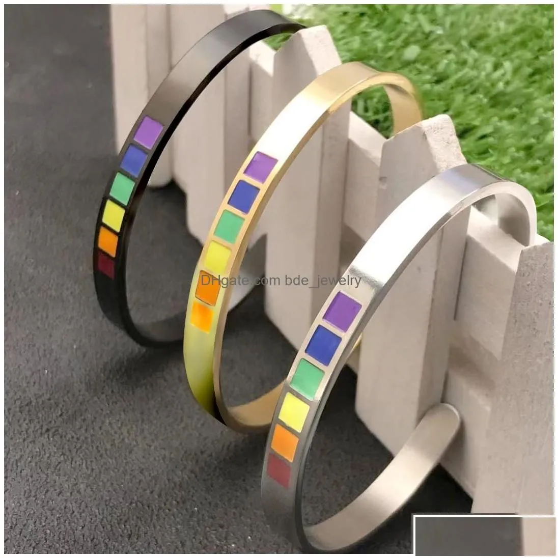 Bangle 6Mm Rainbow Color Cuff Bracelets For Men Women Jewelry Stainless Steel Lesbian Gay Pride Metal Bracelet Pink Lgbt Stripe Gift