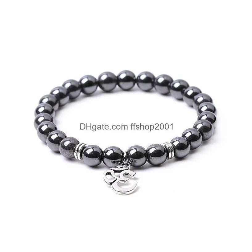 Beaded Fashion Om Pendant 8Mm Volcanic Stone Couple Strand Bracelet Charms Bracelets For Women Elasticity Yoga Bangle Men Jewelry Dr