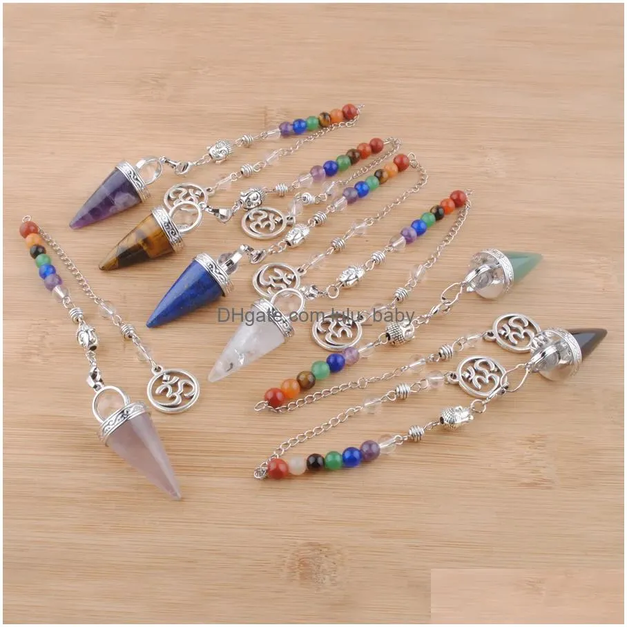 natural stone cone pendants pendulums crystal 3d buddha 7 chakras chain reiki pendulum for dowsing pendule radiestesia pendulo bn452