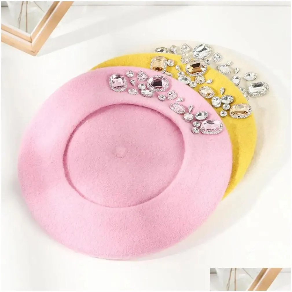 Stingy Brim Hats Drop French Beret Thick Rhinestone Decor Brimless Thermal Wool Artist Style Painter Hat Women Headwear 240419 Deliver Dhvbt