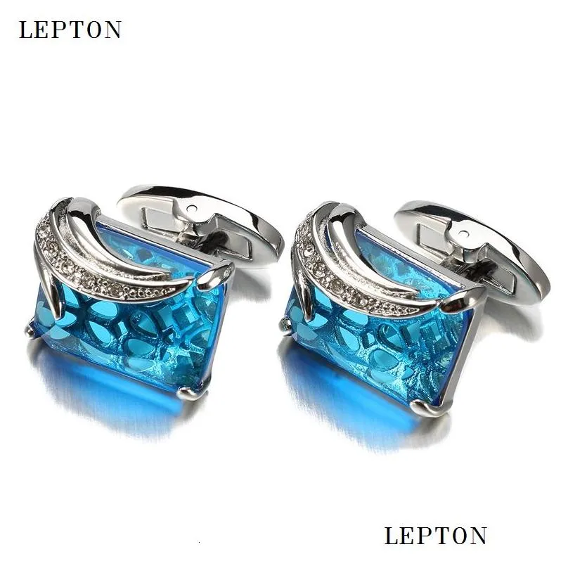 Cuff Links Lowkey Luxury Blue Glass Cufflinks For Mens Lepton Brand High Quality Square Crystal Shirt Relojes Gemelos Drop Delivery Dhsxf