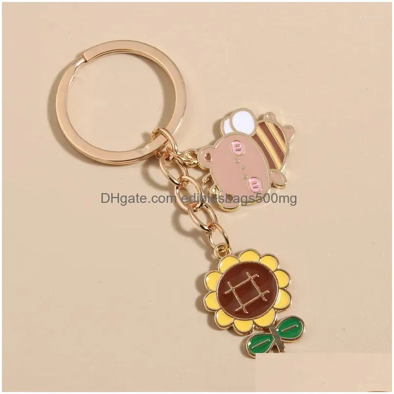 Other Home Decor Keychains Cute Enamel Keychain Sunflower Flying Bear Bee Key Ring Garden Chains For Women Men Friendship Gifts Hand Dhnvn