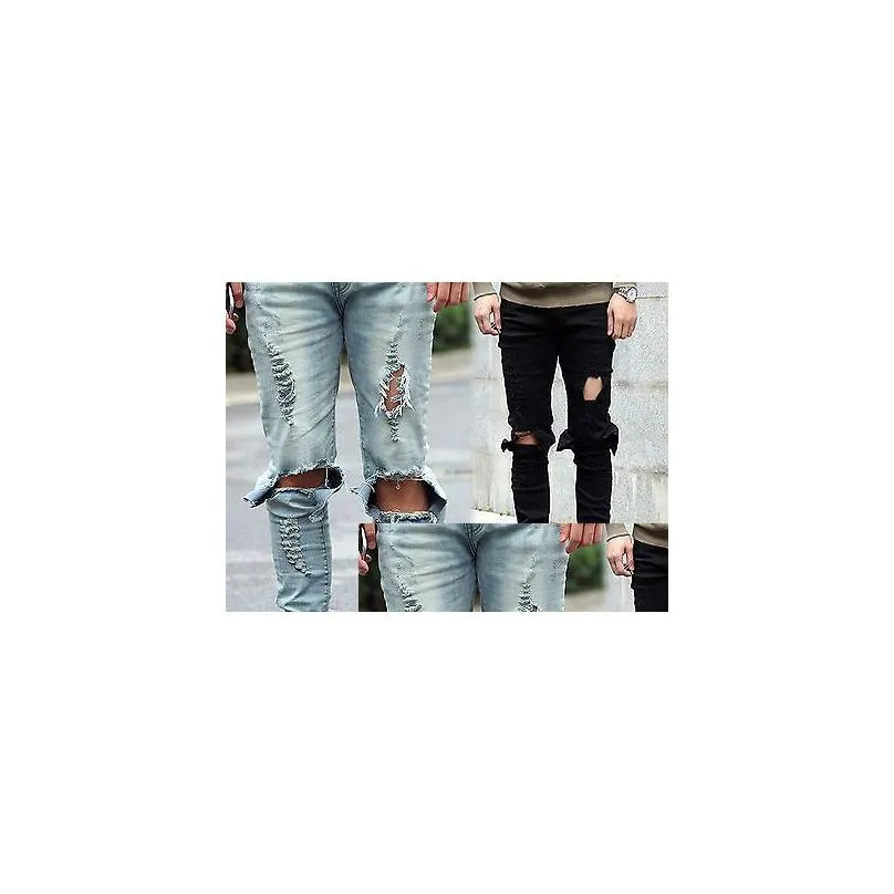 Men`S Jeans Wholesale-Mens Ripped Skinny Straight Slim Elastic Denim Fit Biker Pants Long Stylish Drop Delivery Apparel Clothing Dh0Rc