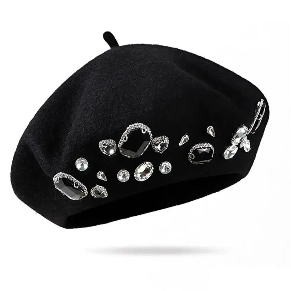 Stingy Brim Hats Drop French Beret Thick Rhinestone Decor Brimless Thermal Wool Artist Style Painter Hat Women Headwear 240419 Deliver Dhvbt