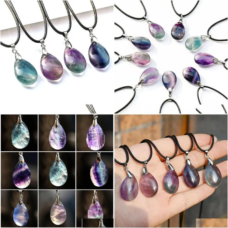 Pendant Necklaces Natural Crystal Colorf Fluorite Water Drop Necklace For Women Party Jewelry Gift Delivery Pendants Dh0Vd