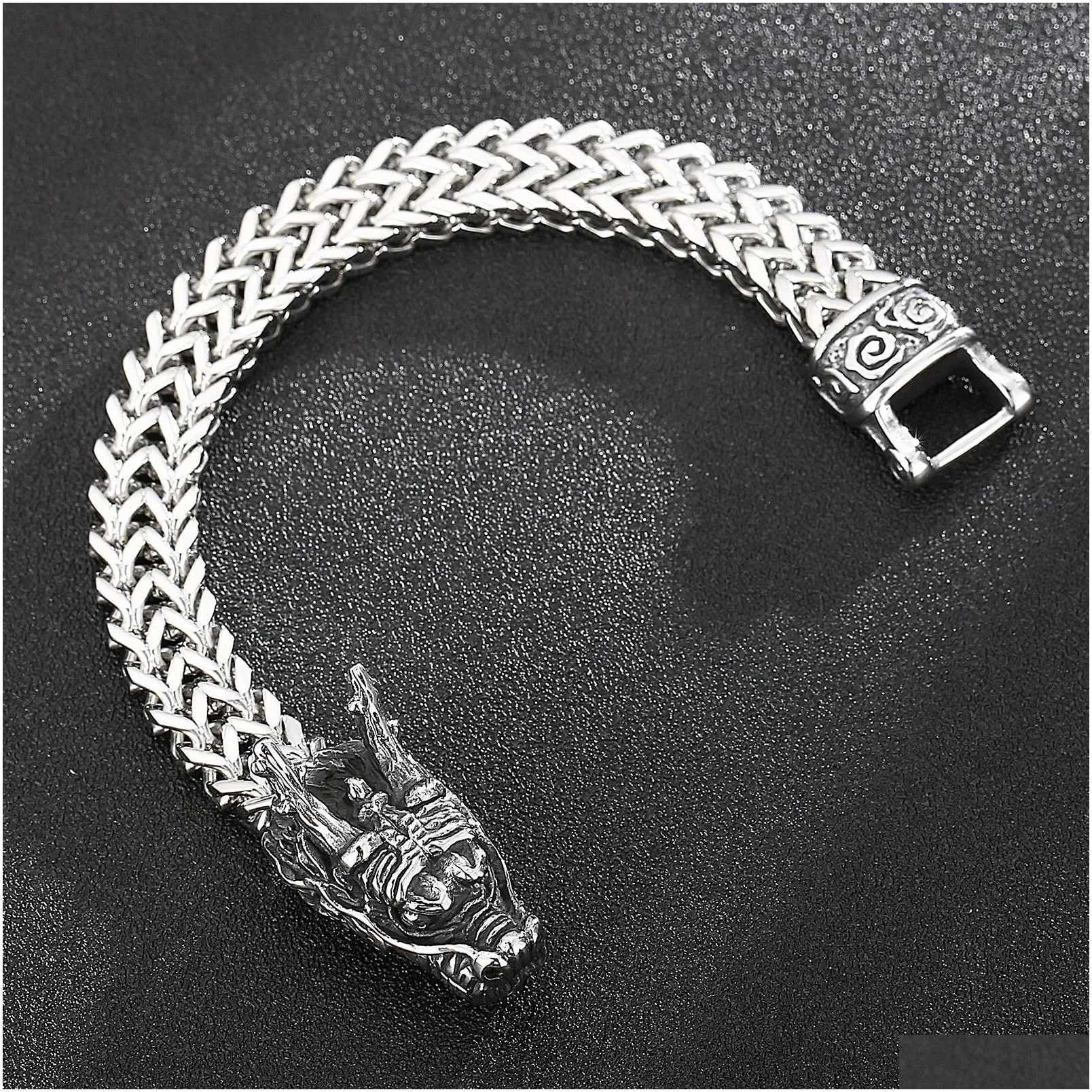 Bangle Fongten Dragon Bracelet For Men Sier Color Stainless Steel Braided Mesh Link Chain Wrist Male Bangles Jewelry Gift 240125 Drop Dhg4F