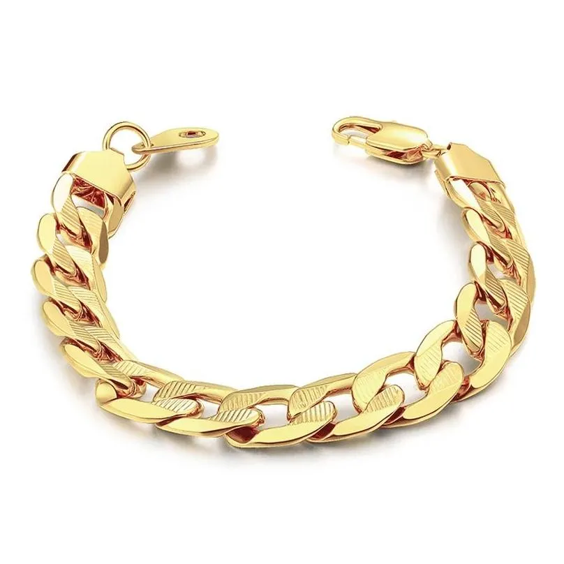 Chain Braslet Braclet 2024 Male Golden Color 14K Yellow Gold Embossing Cuban Link Bracelet For Men Hiphop Jewelry Drop Delivery Brace Dhqiv