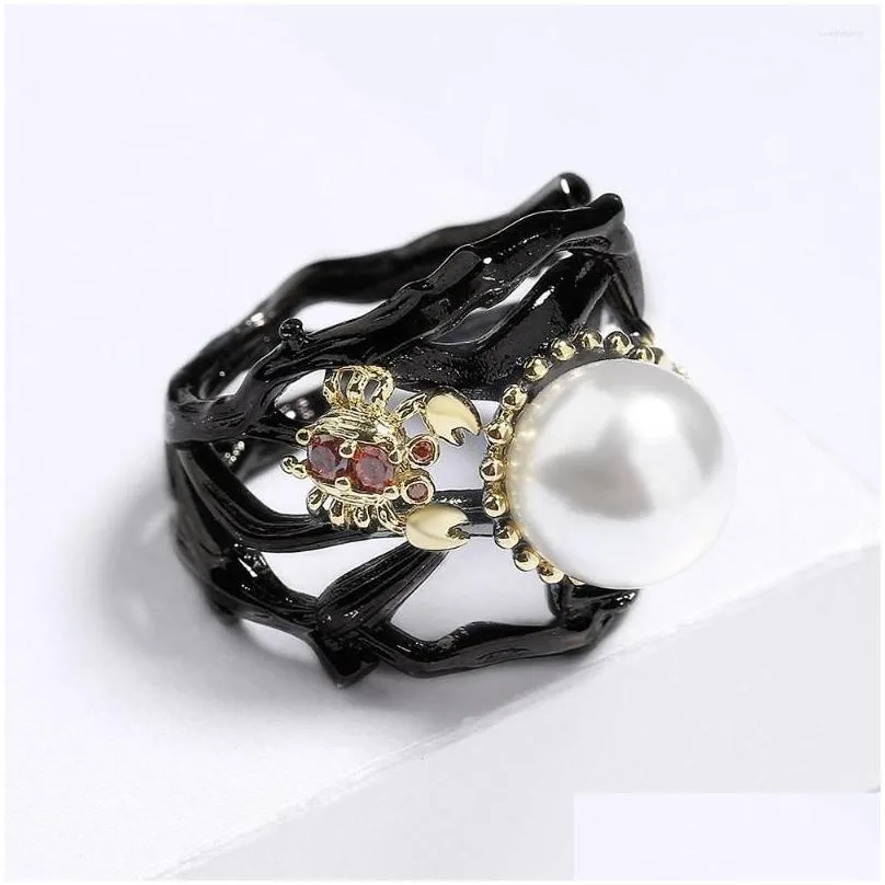 Cluster Rings Fashion Inlaid Pearl Black Gold Ring For Womens Bohemian Style Jewelry High Handmade Party Engagement Drop Delivery Dhqsd