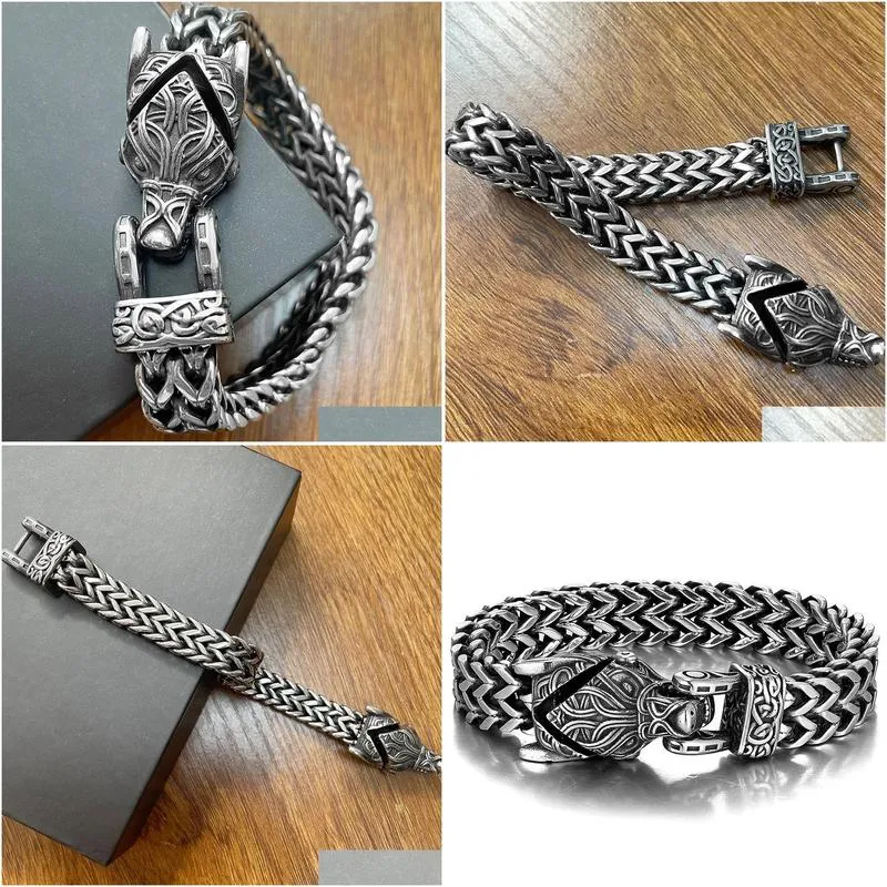 Chain Norse Wolf Bracelet For Men 14K White Gold 12Mm Mesh Link Open Mouth Mens Bracelets Nordic Jewelry 21/23Cm Drop Delivery Dhsgm