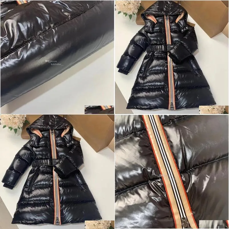 girl hoodies Kids Coat baby clothes girls down jacket hooded Waist design long jackets luxury White goose down belt letter Comfortable warm Classic stripe