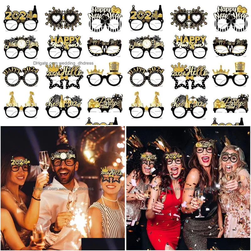 12pcs/set 2024 happy year p o frame decoration family year eve party paper glasses p o booth props navidad christmas