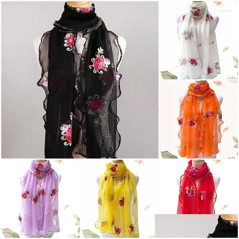 Scarves Women Lace Flower Scarf Girls Embroidery Wild Sunsn Shawl Adt Long Embroidered Scarfs Drop Delivery Dhfxd